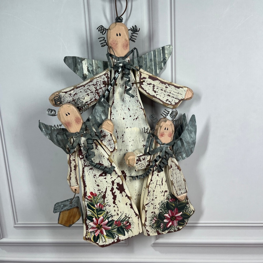 Handmade Primitive Angel Trio Wall Hanging White Distressed Wood Metal Wings
